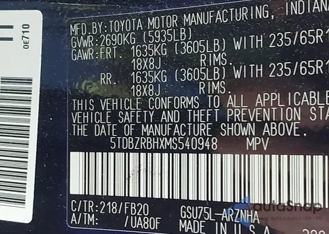 2021 Toyota Highlander Le из США, поврежденный, VIN 5TDBZRBHXMS540948